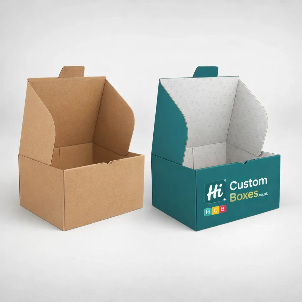 Two open mailers, one plain brown and one blue featuring 